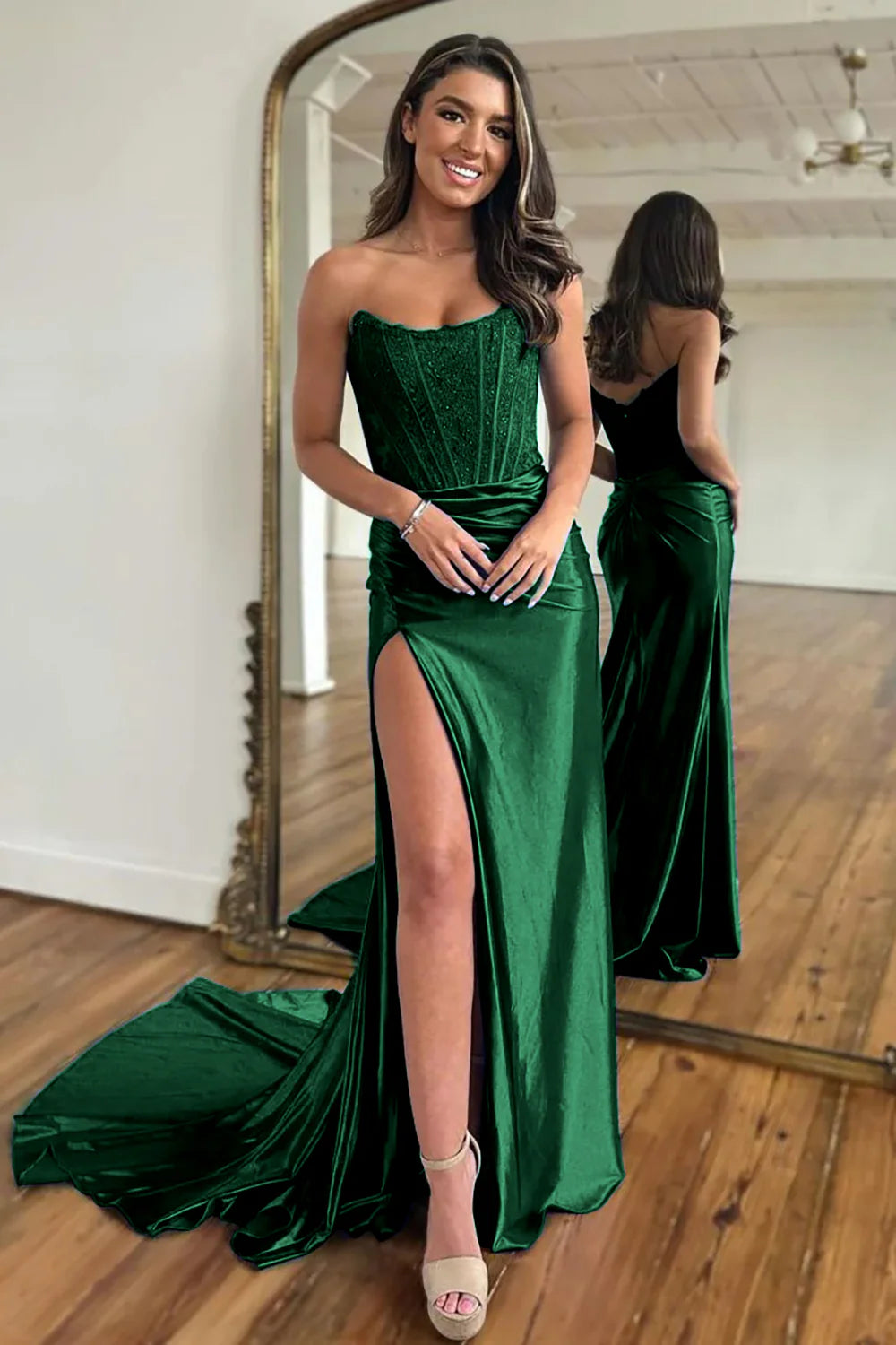 Vestido de fiesta largo sexy sin tirantes con hombros descubiertos y abertura alta